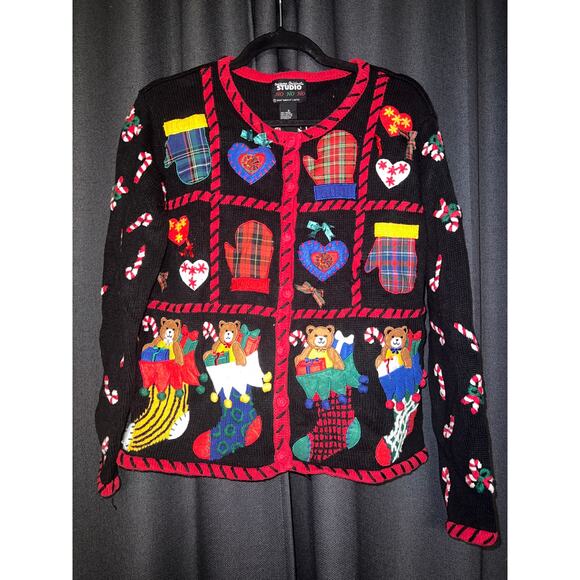Ugly Christmas Sweater Black Red Festive Crew Neck - Picture 1 of 3